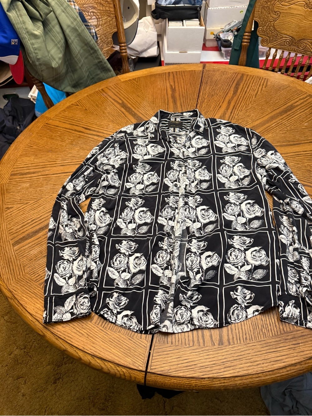 Denim & Flower Black and White Rose-Print Shirt Jacket